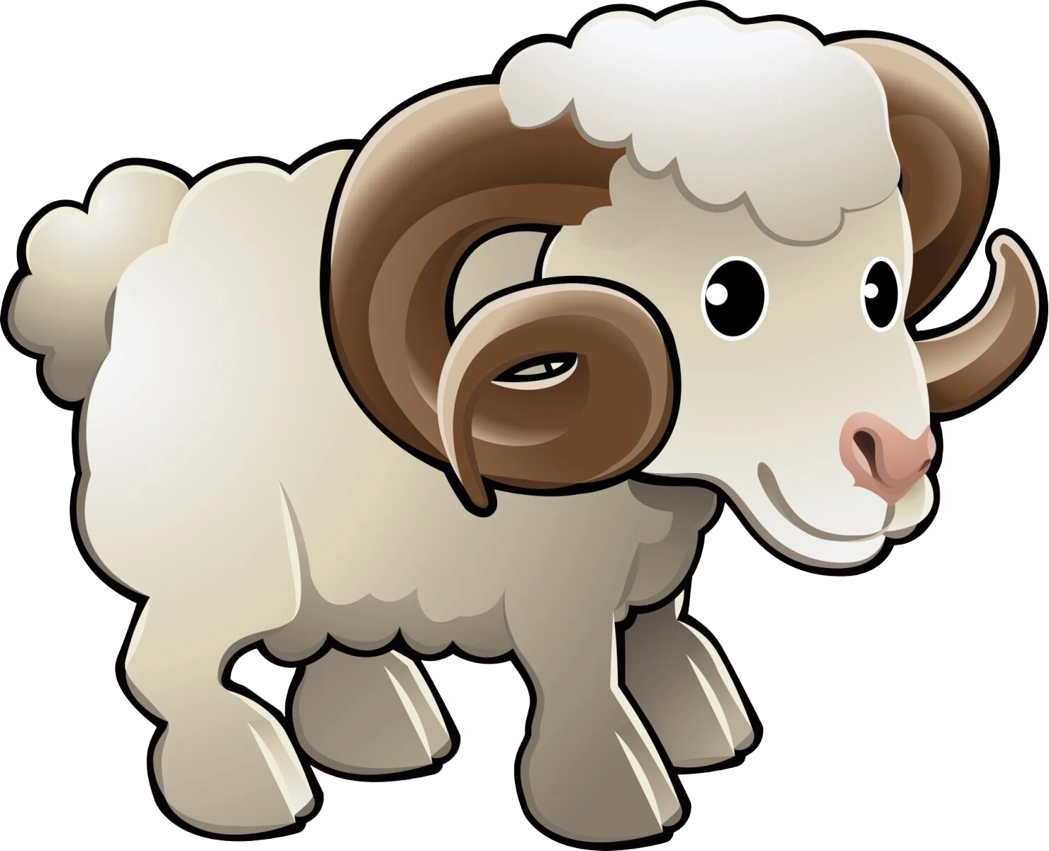 A cartoon ram with brown horns is standing on a white background