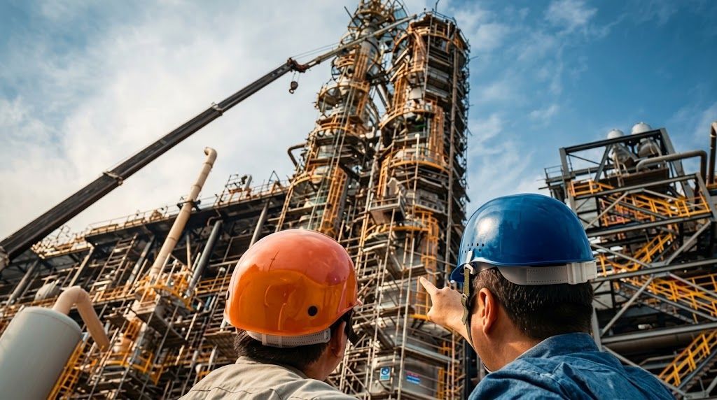 Two workers in hard hats inspect a large industrial tower at a construction site