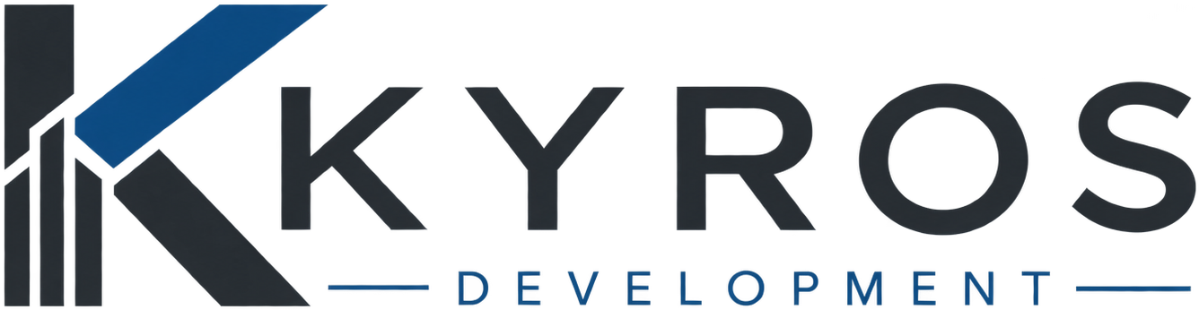 Kyros Development logo with blue and black stylized K icon and gray text on a white background