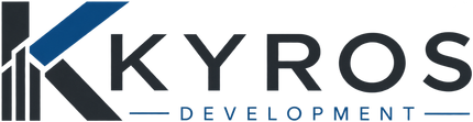 Kyros Development logo with blue and black stylized K icon and gray text on a white background
