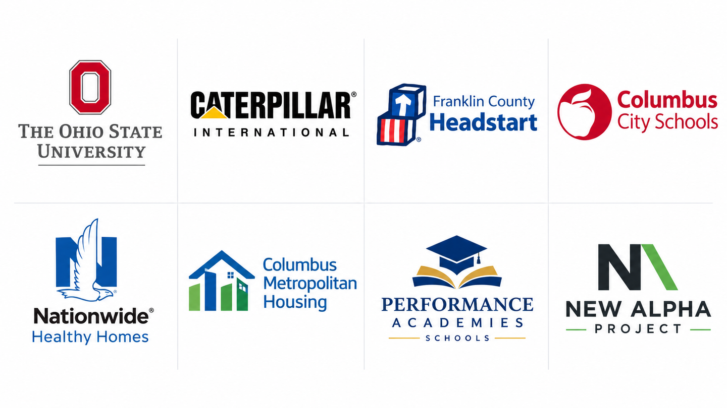 Corporate sponsor logos for The Ohio State University, Caterpillar, HeadStart, Columbus City Schools, and others on a white background