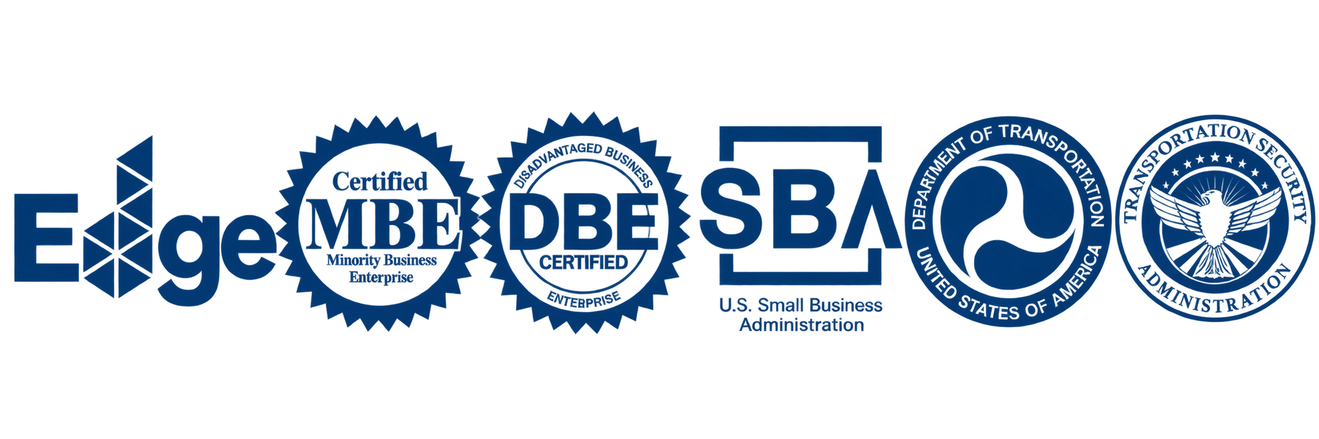 Edge logo and certification seals: Minority Business, DBE, SBA, and ISO-style badges in blue and white.