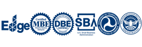 Edge logo and certification seals: Minority Business, DBE, SBA, and ISO-style badges in blue and white.