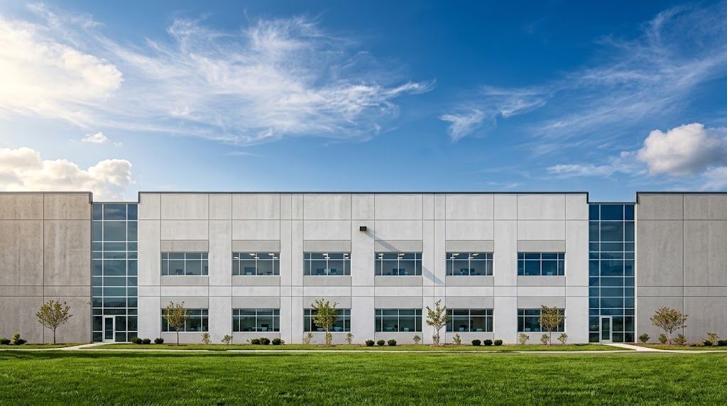 Modern white office building with glass windows, blue sky, and green lawn