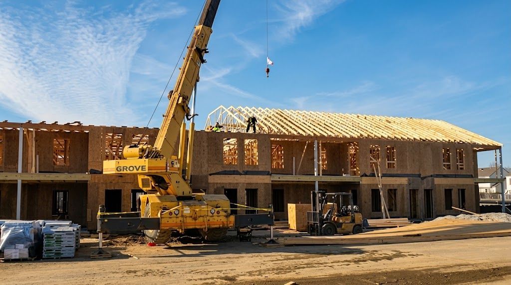 Construction site with a crane lifting materials beside a two-story building under construction.