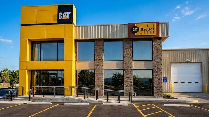 CAT dealership building with yellow facade, large windows, and parking lot in front