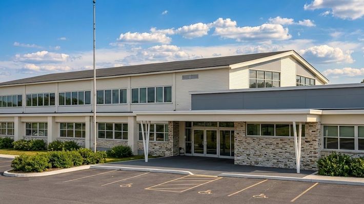 Two-story modern office building with glass windows, stone facade, and parking lot under a blue sky