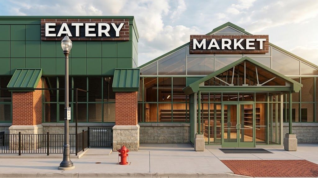 Storefront with signs reading “EATERY” and “MARKET,” brick and glass facade, and a red fire hydrant on the sidewalk