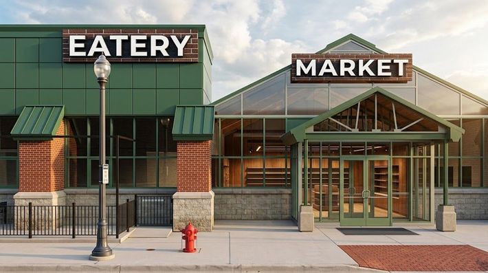 Storefront with signs reading “EATERY” and “MARKET,” brick and glass facade, and a red fire hydrant on the sidewalk