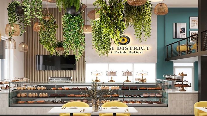 Modern cafe counter with pastries, hanging plants, and warm wood decor