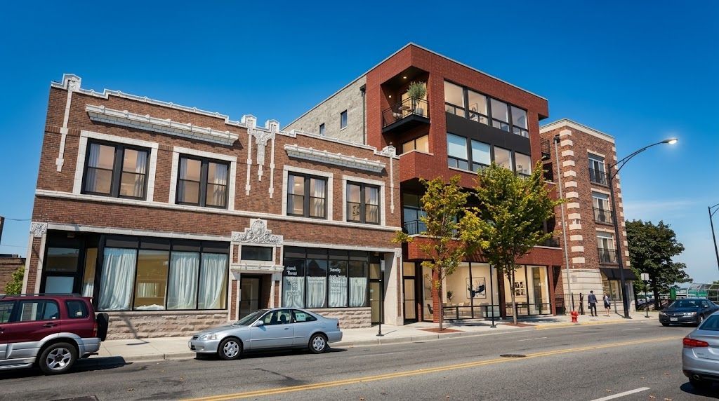 Brick storefronts and a modern red-brick building line a sunny city street with parked cars.