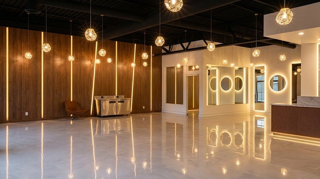 Empty modern event hall with glossy white floor, warm wood walls, pendant lights, and mirrored door accents