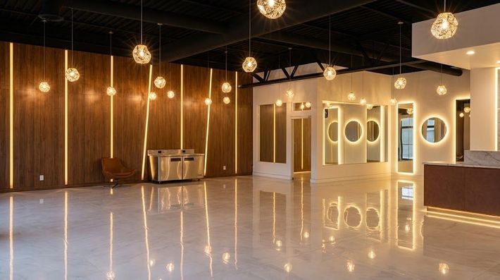 Empty modern event hall with glossy white floor, warm wood walls, pendant lights, and mirrored door accents