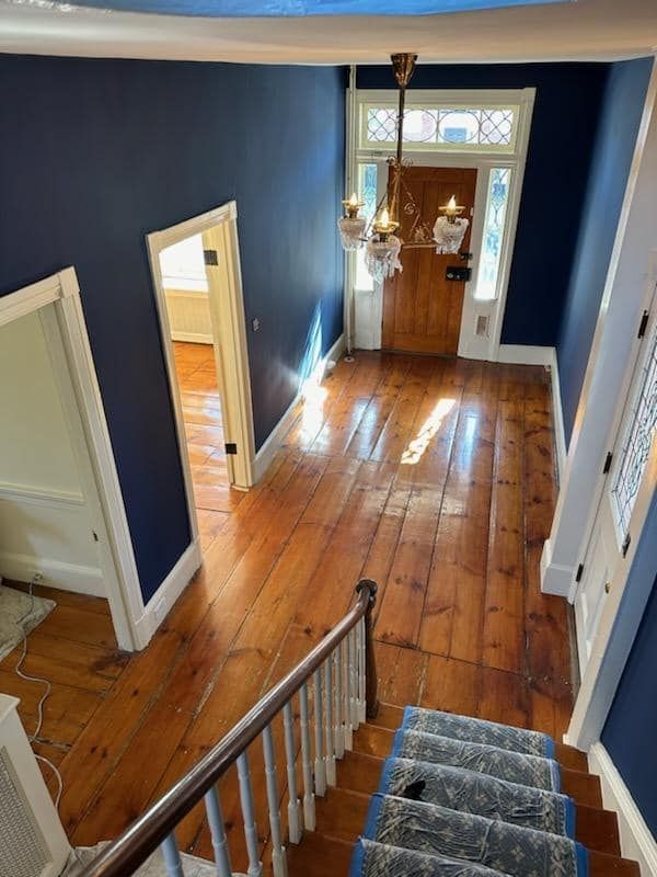 An aerial view of a hallway and stairs in a house with blue walls.
