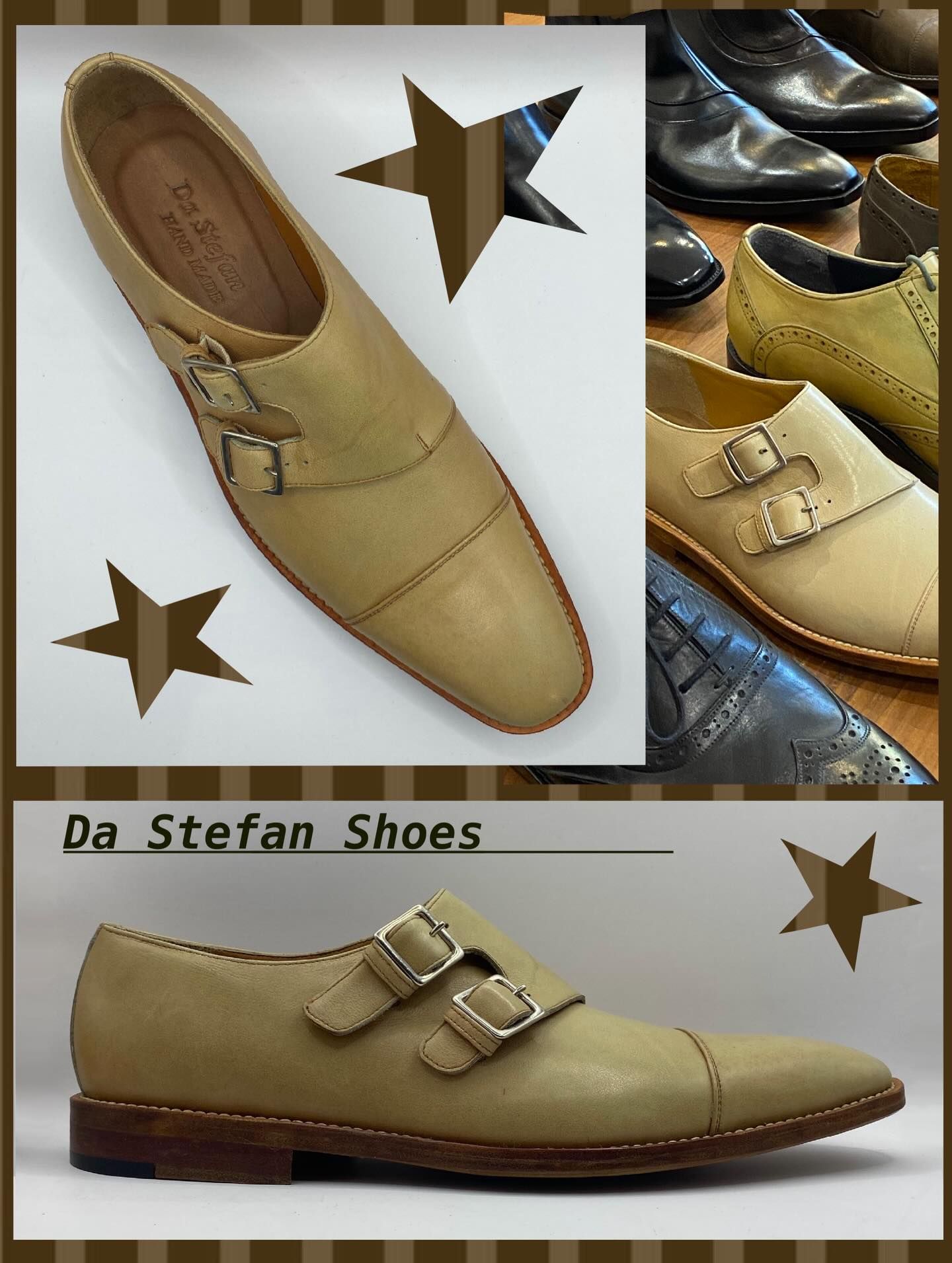 Beige leather monk strap shoes from Da Stefan Shoes, with buckles and stitching, in a display with other shoe styles.