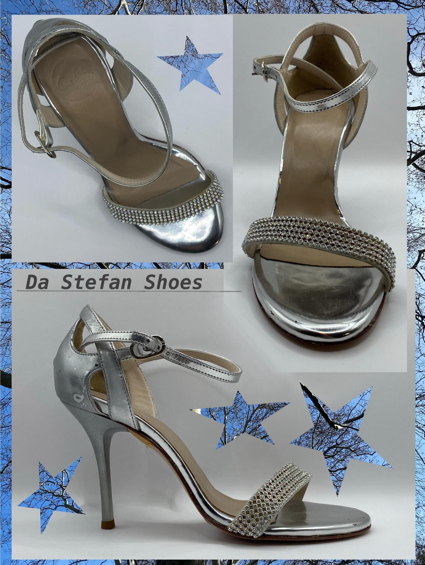 Silver strappy high heels with rhinestone embellishments; 