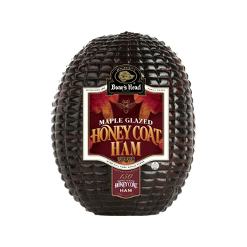 A close up of a honey coat ham on a white background.