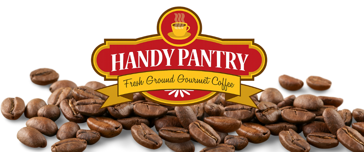 Handy Pantry logo with coffee beans; a red and gold sign with text and a coffee cup icon.