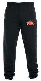 A pair of black sweatpants with a logo on the side.