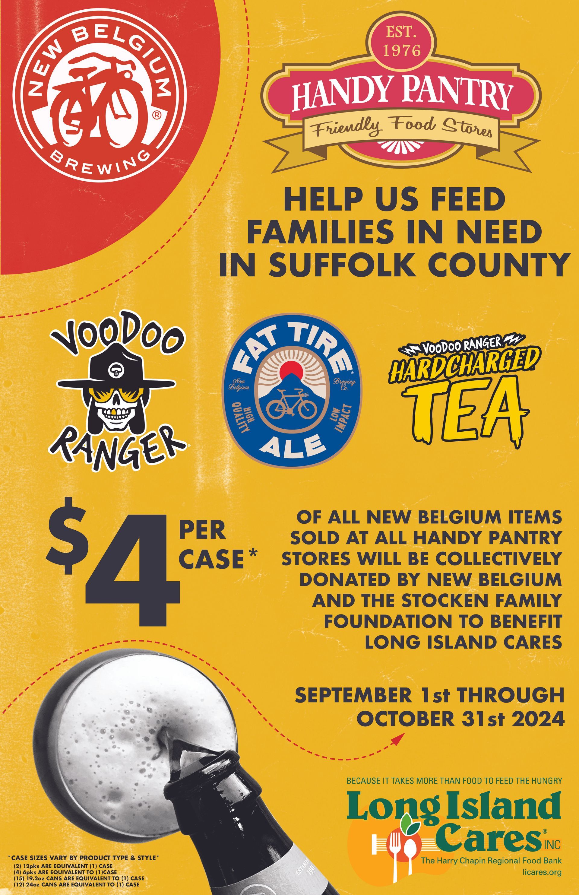 Handy Pantry and New Belgium Brewing campaign: $4 per case sold benefits Long Island Cares, Sept-Oct 2024.
