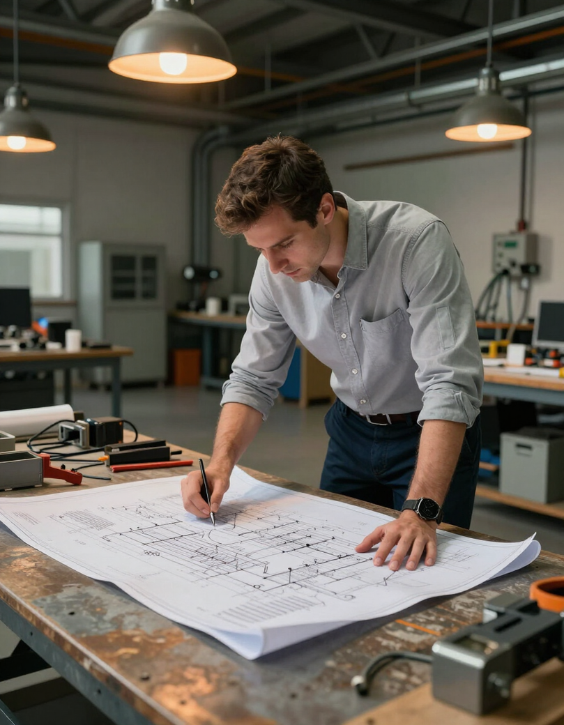 Ingeniero eléctrico revisando planos en taller industrial