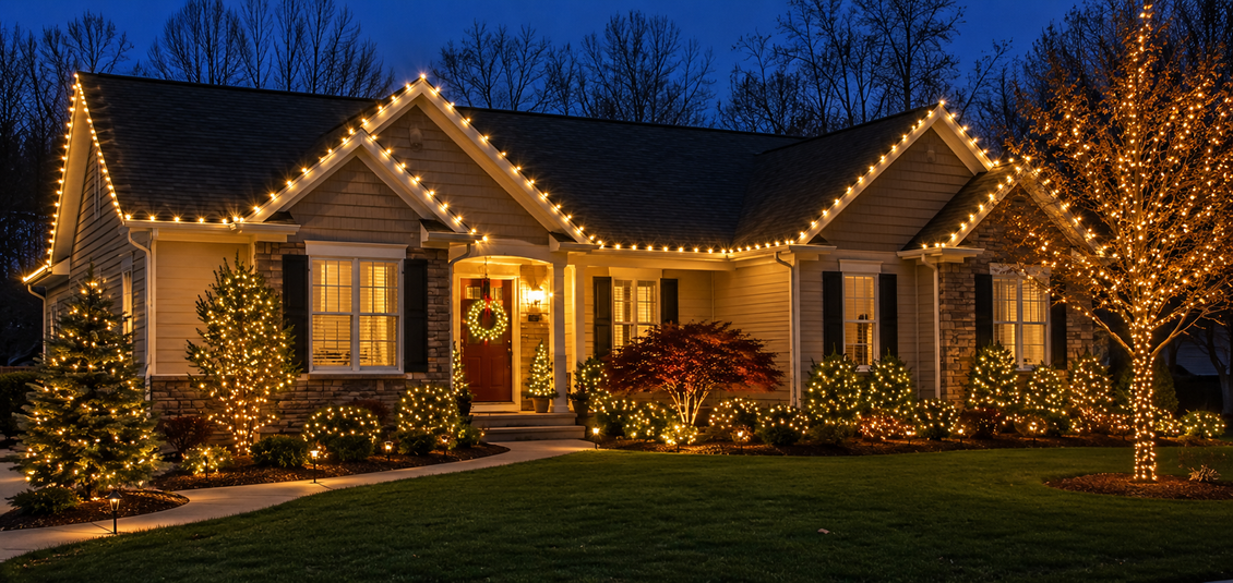 A large house with christmas lights on it