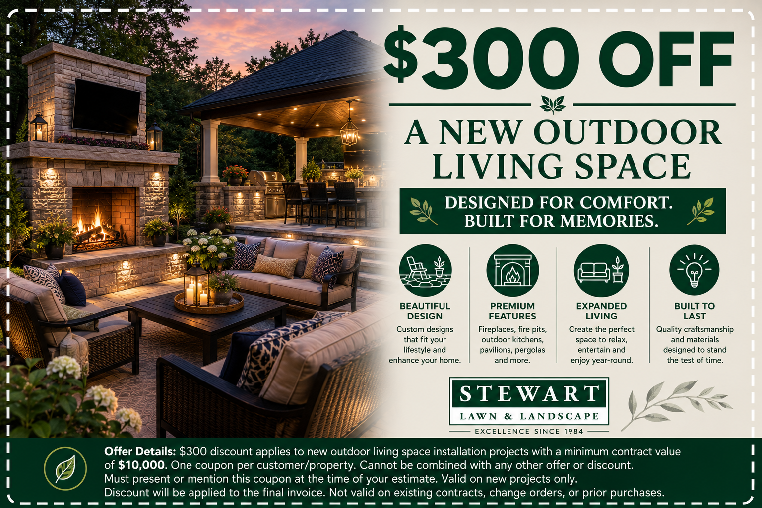 An ad for stewart lawn and landscape shows an outdoor room installation