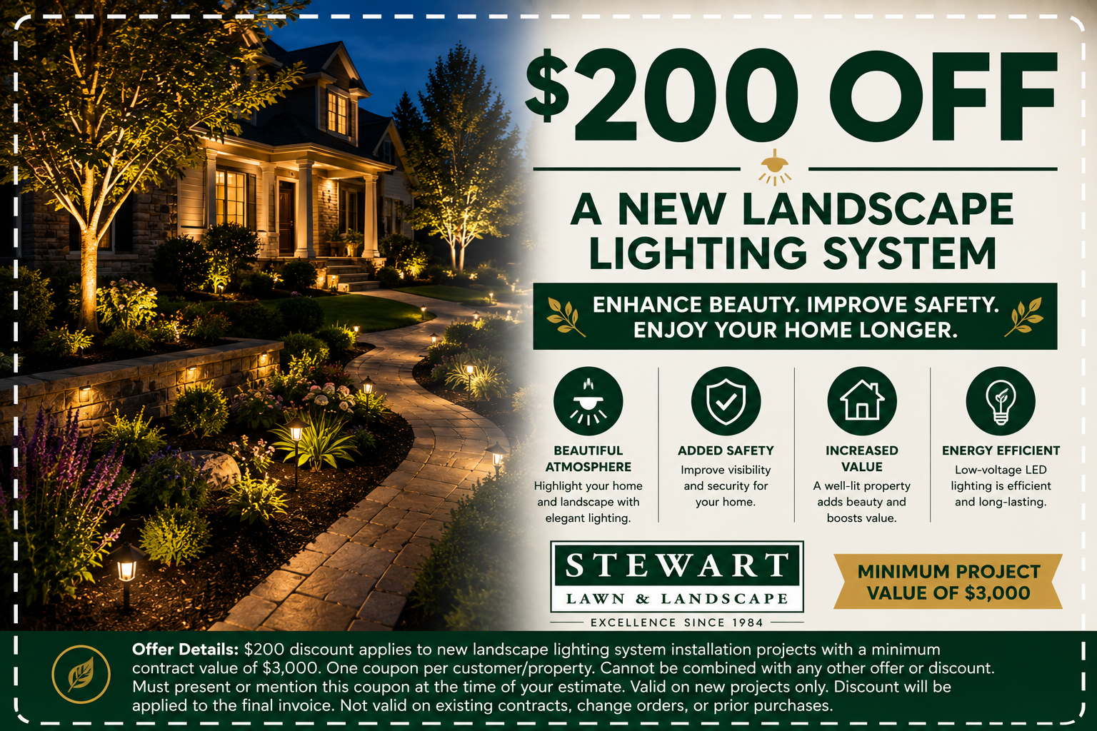 An advertisement for stewart lawn and landscape offers free design and build proposals