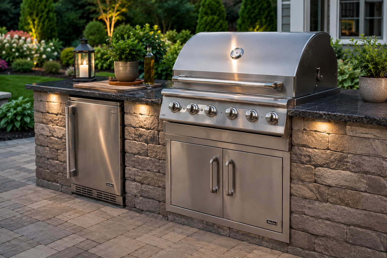 A stainless steel grill is sitting on top of a wooden deck.