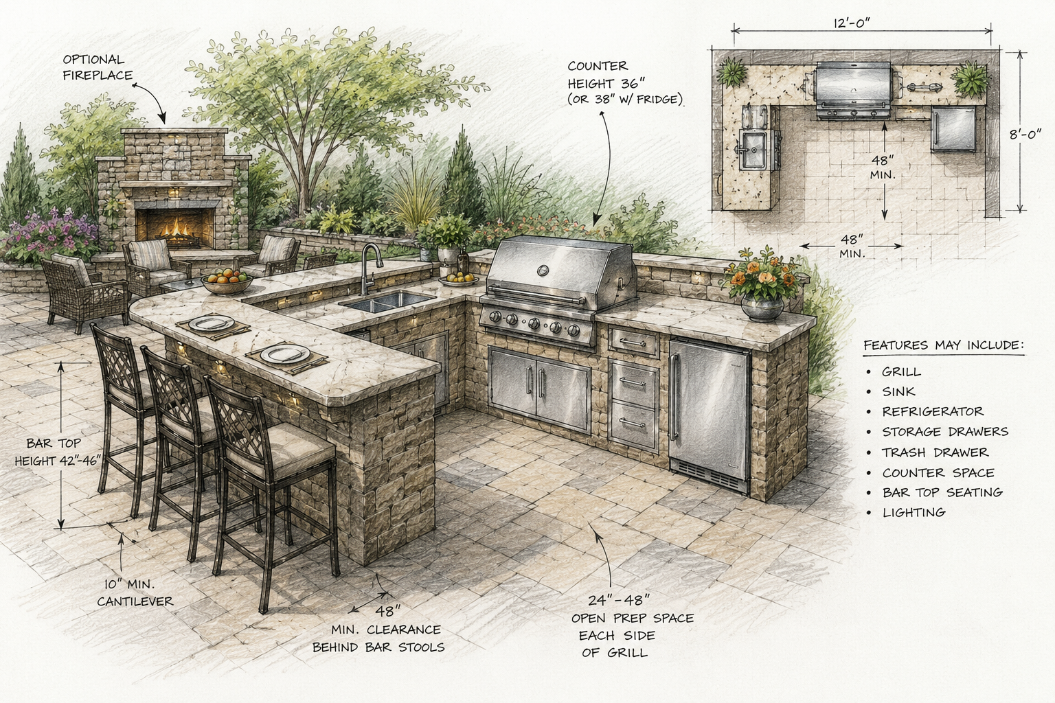 A drawing of an outdoor kitchen with measurements