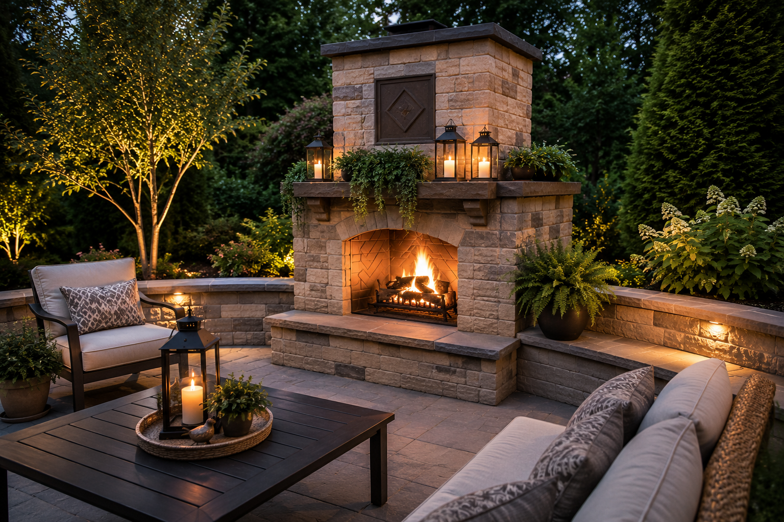 A patio with a fireplace and a round couch