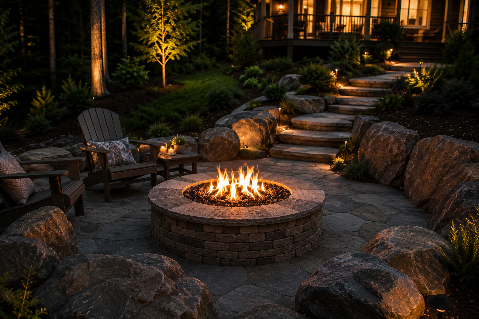 A fire pit is sitting on a patio next to a table and chairs.