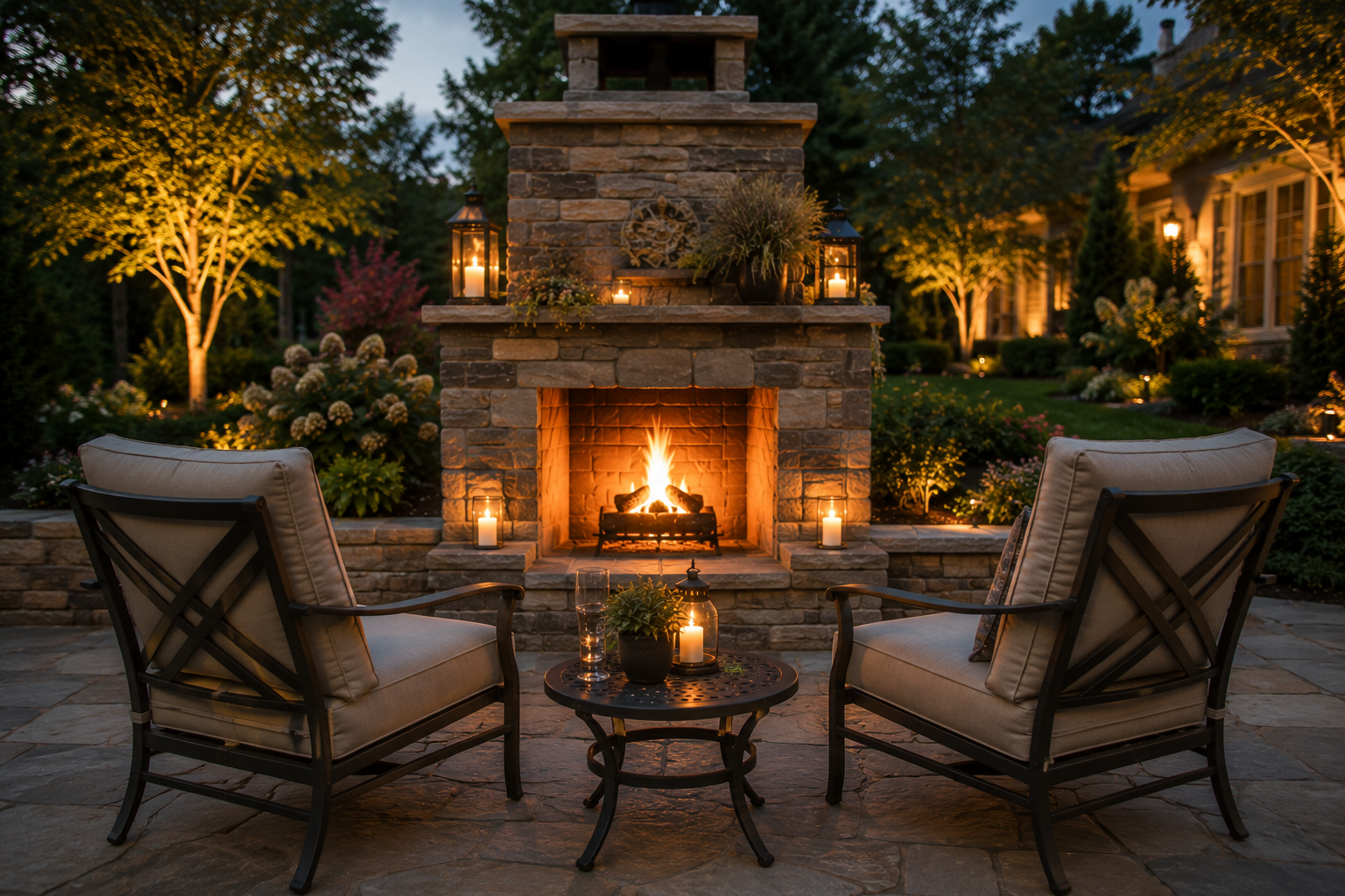 Two chairs and a table in front of a fireplace