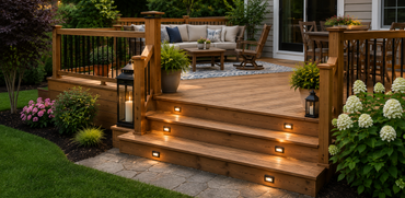 A patio with a couch , chair , table and ottoman in front of a house.