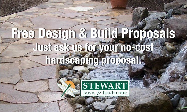 An advertisement for stewart lawn and landscape offers free design and build proposals