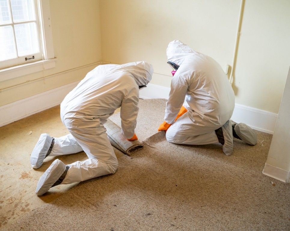 Two workers in white coveralls kneel on a carpeted floor, using tools near a wall in a bright room.