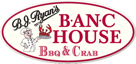 Logo for B.J. Ryan's B.A.N.C House BBQ & Crab featuring a cartoon chef holding a crab inside a red-bordered oval.