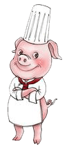 A cartoon pig wearing a white chef's uniform and tall hat, standing with arms crossed and smiling.