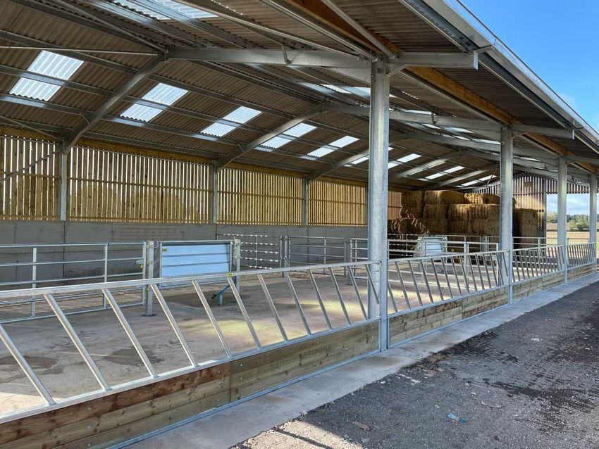 A barn with a roof and a fence for cows.