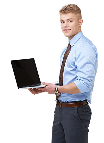 Man holding an open laptop, wearing a light blue shirt and dark pants against a white background