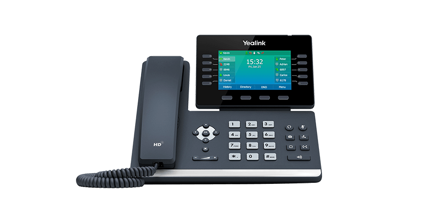 Black desk phone with screen, keypad, and handset on a plain background