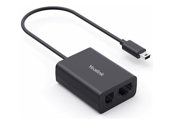 Black USB cable adapter with a small rectangular hub and two ports on a white background