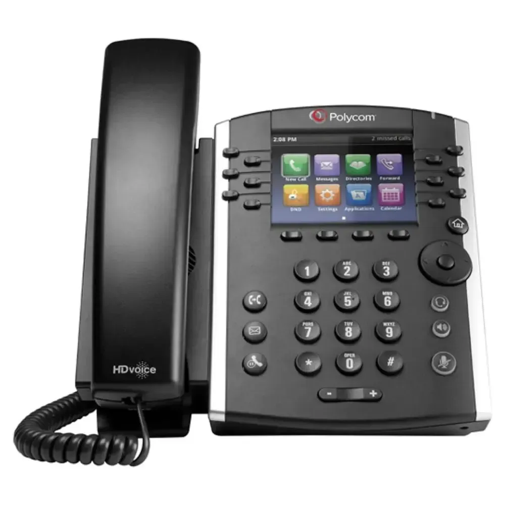 Black Polycom desk phone with handset, keypad, and color display screen