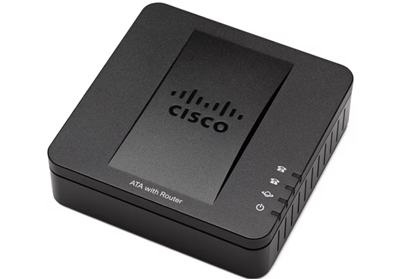 Black Cisco ATA 186 VoIP phone adapter with status lights on the front