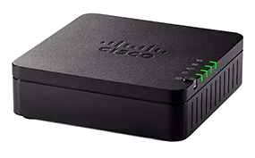 Black Cisco networking device with green status lights on a white background