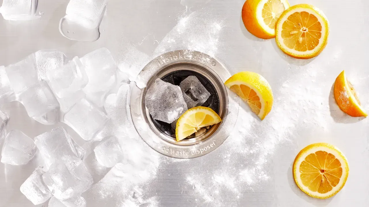 Sink with ice and citrus slices, overhead view on a reflective surface.