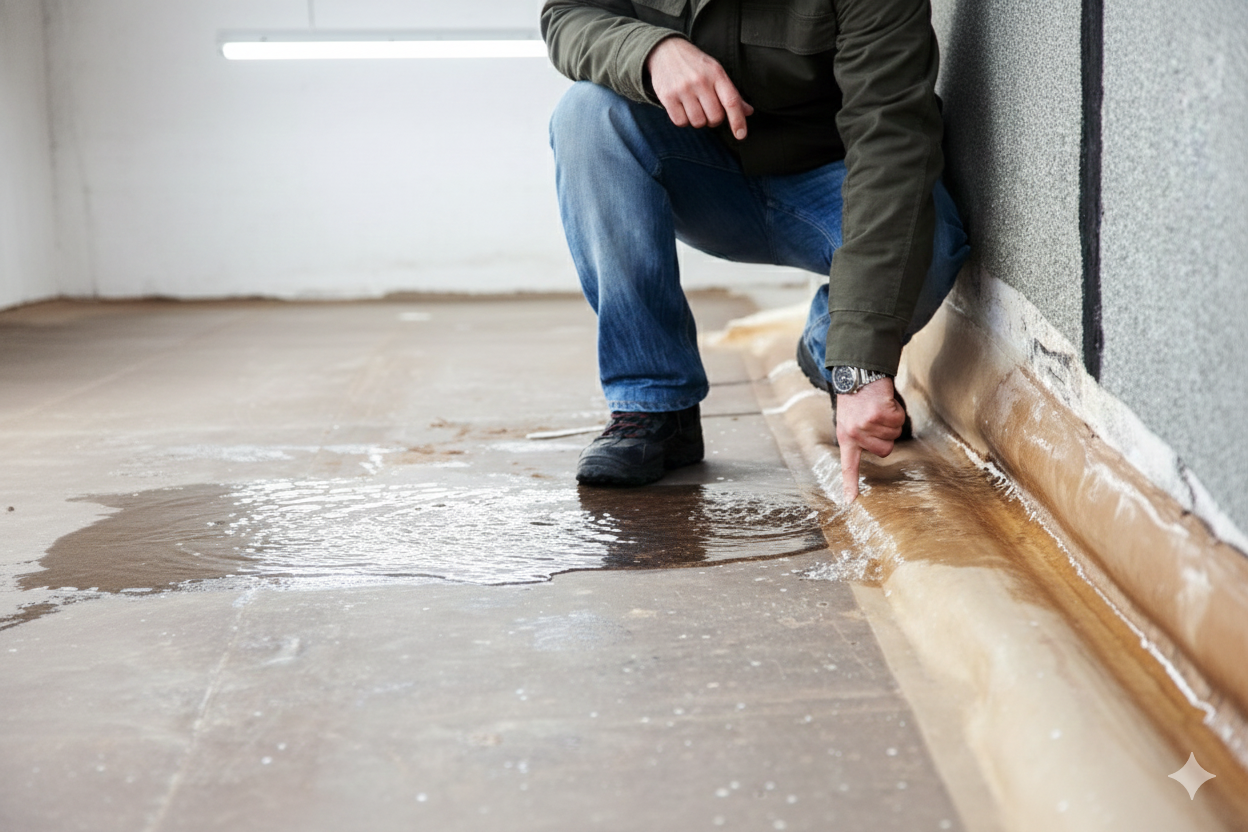 Person kneeling, checking water leak near wall. Wet floor with rolled-up material. Inside setting.