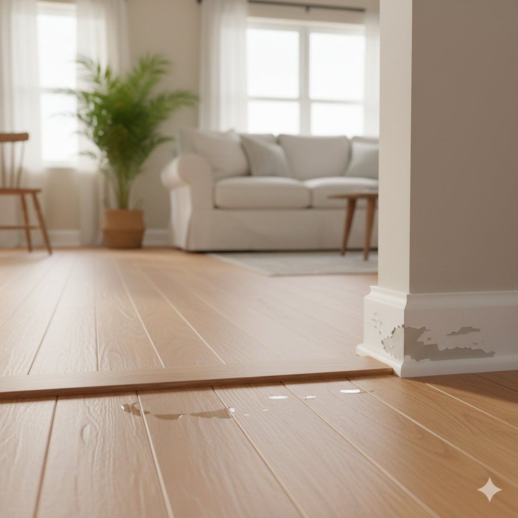 Wooden floor with water damage, leading to a living room with a couch, plant, and window.