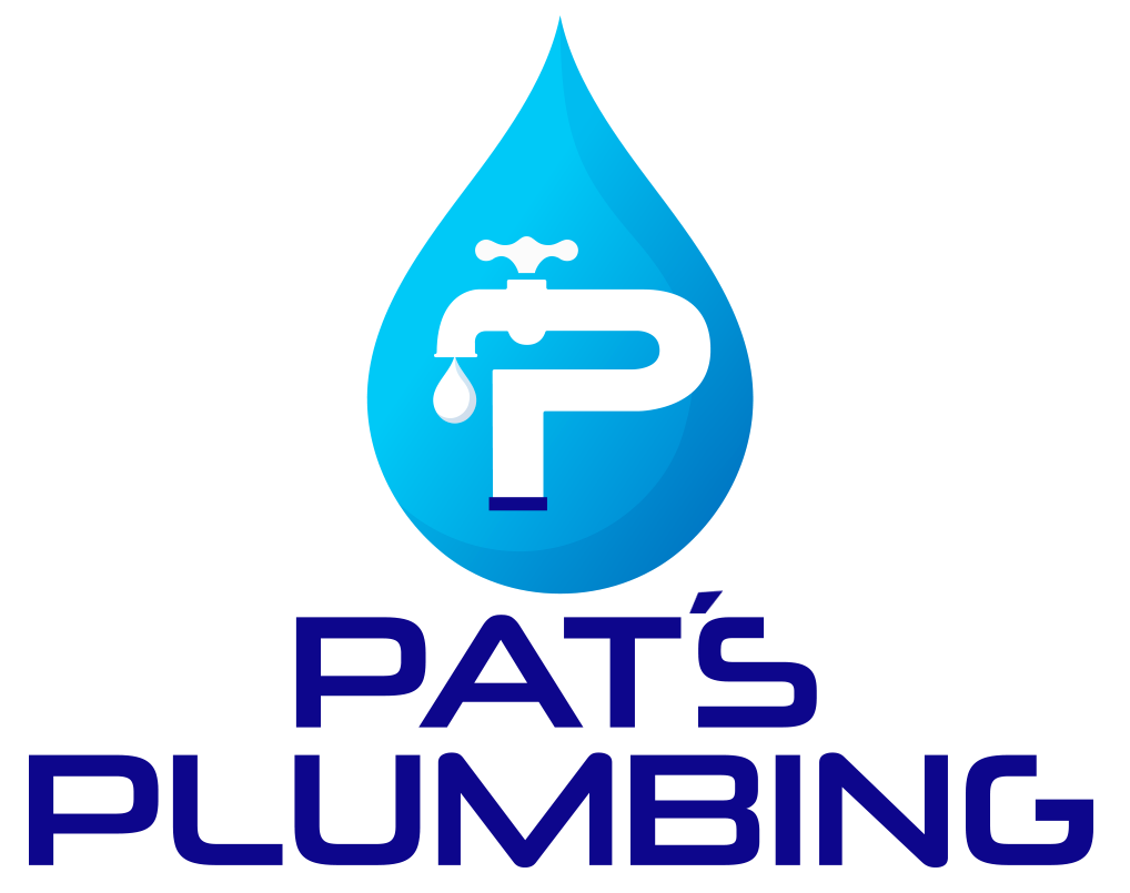 Logo for Pat's Plumbing, featuring a blue water drop with a faucet and the name 