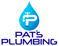 Logo for Pat's Plumbing, featuring a blue water drop with a faucet and the name 